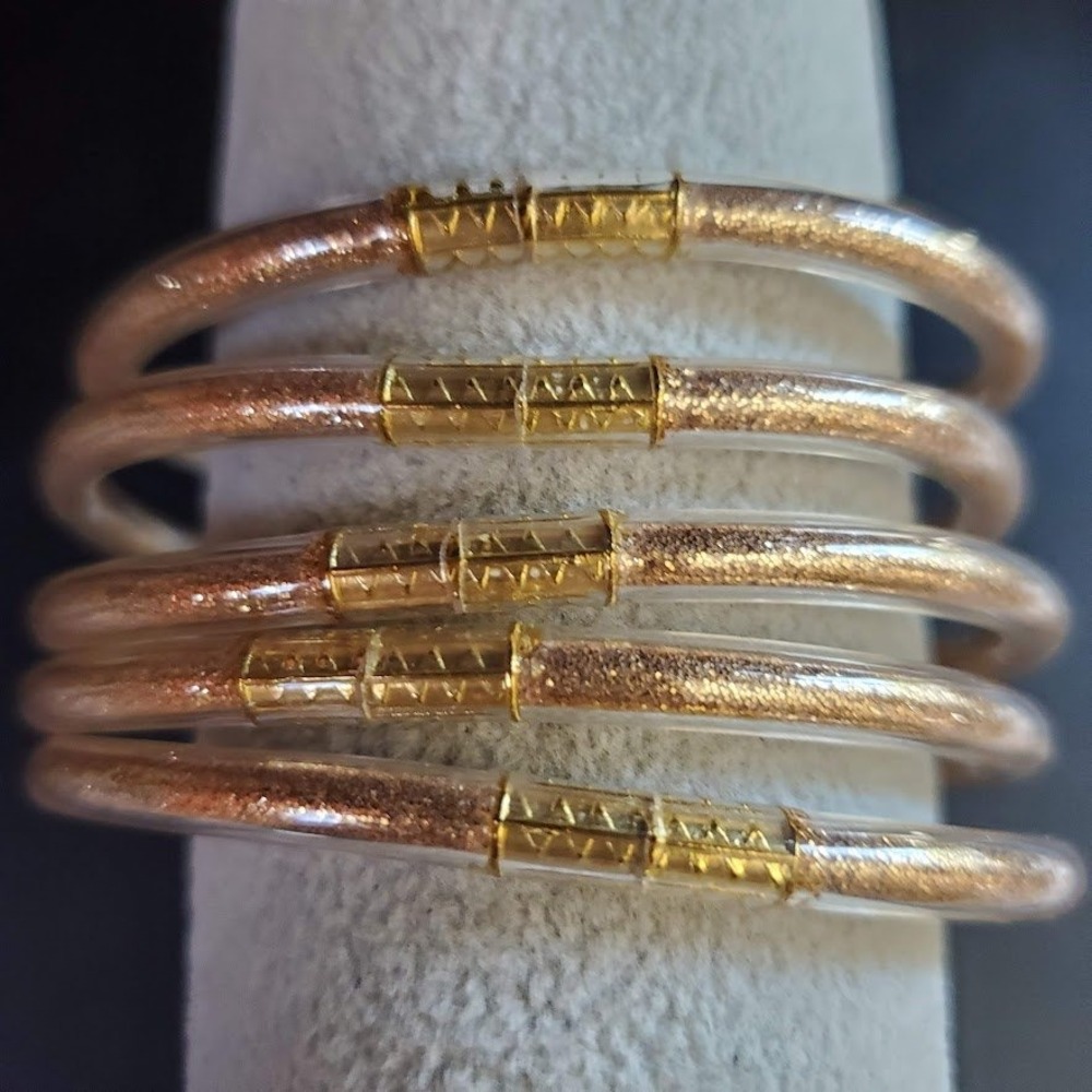 BuDhaGirl Serenity Prayer All Weather Bangles Rose Gold Glitter Set of 5 Large